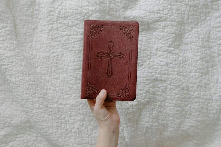 a person holding a bible with a red cover