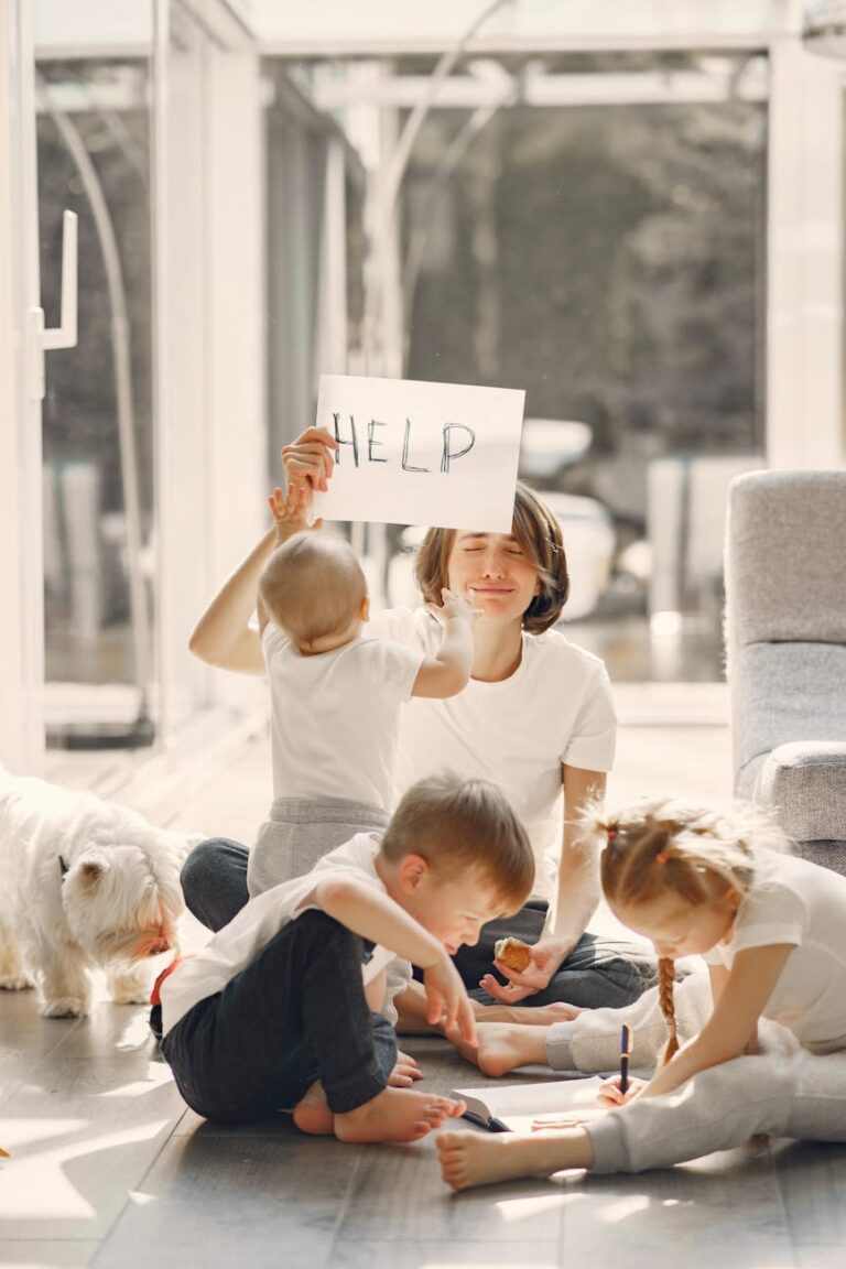 tired mother kidding while sitting with children